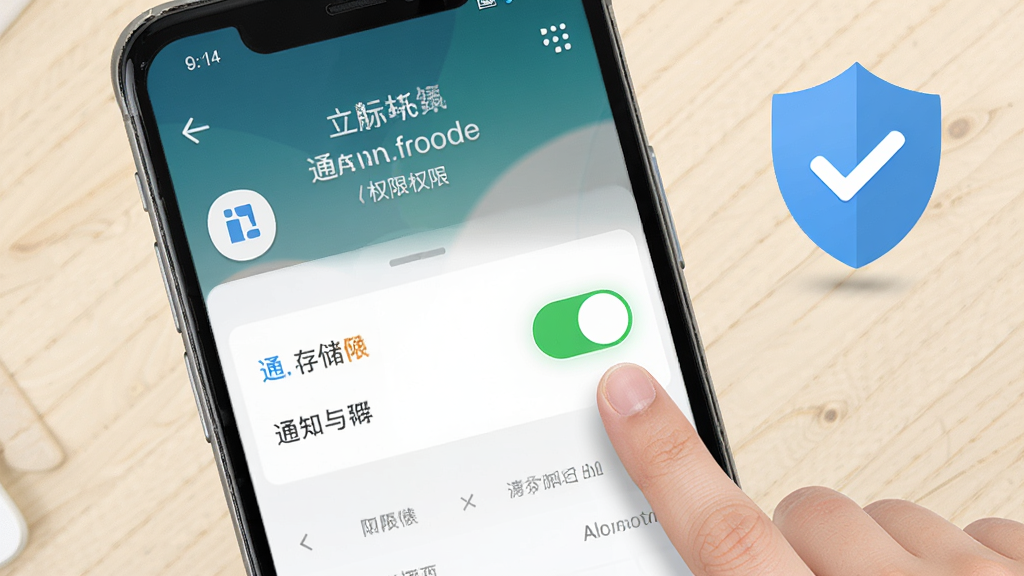 立达标讯安卓手机安装权限设置示意图,手机屏幕显示应用权限管理页面,通知与存储权限开关处于开启状态,旁边有手指点击动作,背景为浅色桌面配盾牌与对勾图标,风格清晰直观,画面干净,高清画质