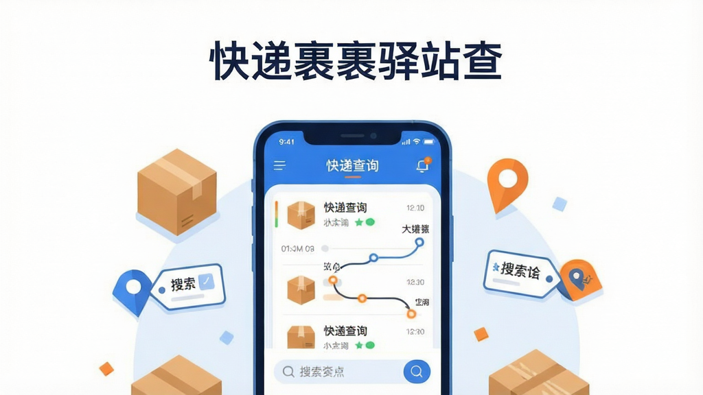 画面主体为一部智能手机,屏幕中显示快递查询列表界面,包含包裹图标与物流轨迹线条;布局采用居中构图,手机位于画面中央,周围环绕小型纸箱与定位标签元素;排版简洁明快,上方留白放置软件名称“快递裹裹驿站查”文字;风格为扁平化科技插画风,配色以蓝白为主辅以橙色点缀;细节包含包裹状态图标、时间轴节点与搜索框;画质清晰干净,无多余元素,适合应用商店展示