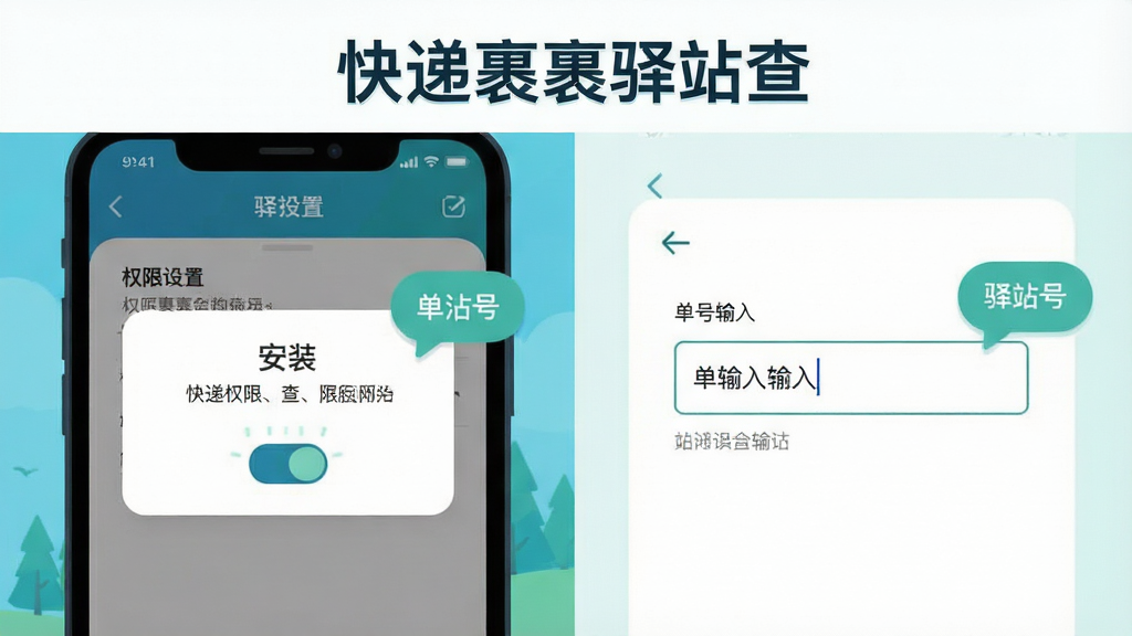 画面主体为手机屏幕显示安装权限弹窗与查询输入界面并列展示;布局采用左右分屏构图,左侧为权限设置界面,右侧为单号输入框;排版在画面顶部居中放置“快递裹裹驿站查”标题文字;风格为扁平化操作指引插画,配色清爽蓝绿;细节包含开关按钮、输入光标与提示气泡;画质清晰干净,无多余元素