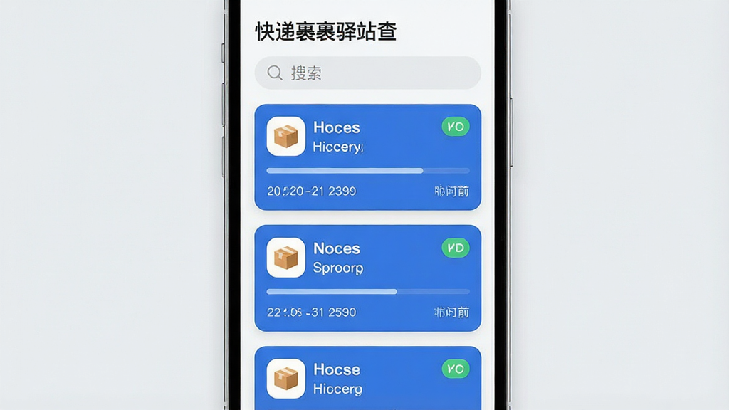 画面主体为手机屏幕内多个包裹卡片纵向排列,每张卡片显示快递公司图标与状态文字;布局为竖向列表式构图,卡片之间留有均匀间距;排版在顶部放置标题“快递裹裹驿站查”与搜索栏;风格为现代简约UI插画,浅灰背景搭配蓝色卡片;细节包含进度条、时间戳与状态徽章;画质清晰干净,无多余元素