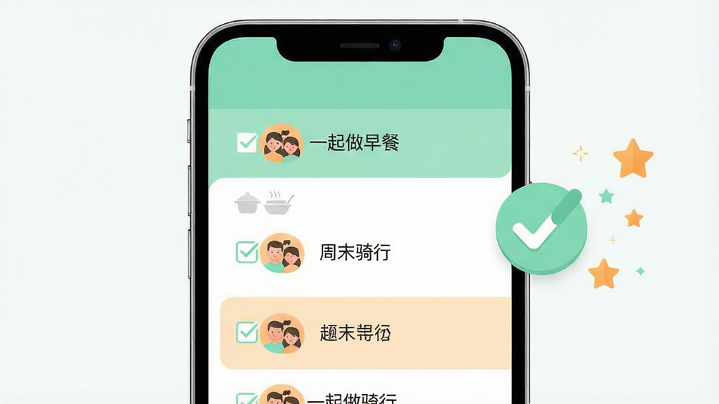 手机界面展示爱人计划的任务清单页面,列表项包含“一起做早餐”“周末骑行”等条目,每项前有复选框和双人头像标记;画面右侧漂浮打勾图标和星星特效;布局为手机居中、清单内容清晰可见;风格为明快扁平设计,配色以薄荷绿和浅橙为主;细节干净,画质锐利,背景简洁无干扰