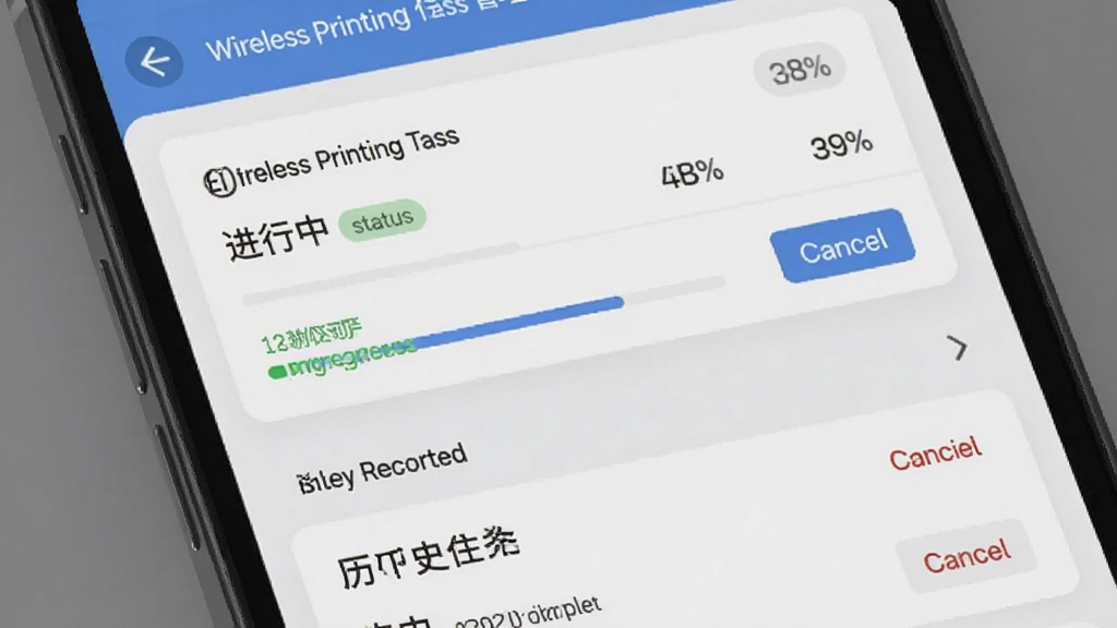 主体为联接无线打印任务管理界面,布局为手机屏幕显示打印队列列表与进度条,排版为上下结构上方为进行中任务下方为历史记录,风格为清爽卡片式设计,细节包含进度百分比、状态标签、取消按钮,画质清晰干净无多余元素
