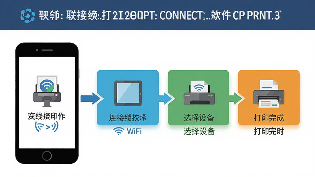 主体为联接无线打印操作流程示意图,布局为手机屏幕展示从连接WiFi到选择设备再到打印完成的四步流程图,排版为横向步骤条式布局,风格为扁平化信息图风格,细节包含每步配有图标与简短文字说明、联接无线打印软件名称标注在顶部,画质清晰干净无多余元素