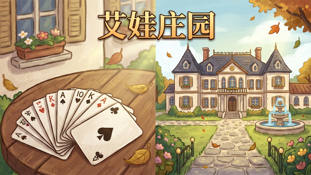 主体为一座温馨的手绘风格欧式庄园,前景是一张摆满纸牌的木桌,纸牌呈扇形展开,庄园主建筑位于画面中央,周围环绕花园与喷泉,布局采用左右分栏构图,左侧为纸牌特写右侧为庄园全景,排版上游戏标题“艾娃庄园”位于画面顶部居中以暖金色字体呈现,风格为治愈系手绘插画,细节包含窗台上的花盆、石板小径、飘落的树叶与柔和的光晕,画质清晰细腻,画面干净无多余元素