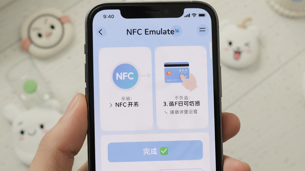 手机屏幕展示NFC Emulate的操作引导页面,页面上有分步骤的图文引导,包含NFC开关图标、卡片贴近示意图和完成勾选标记,界面风格友好亲切,配色柔和,画质清晰干净,布局简洁明了