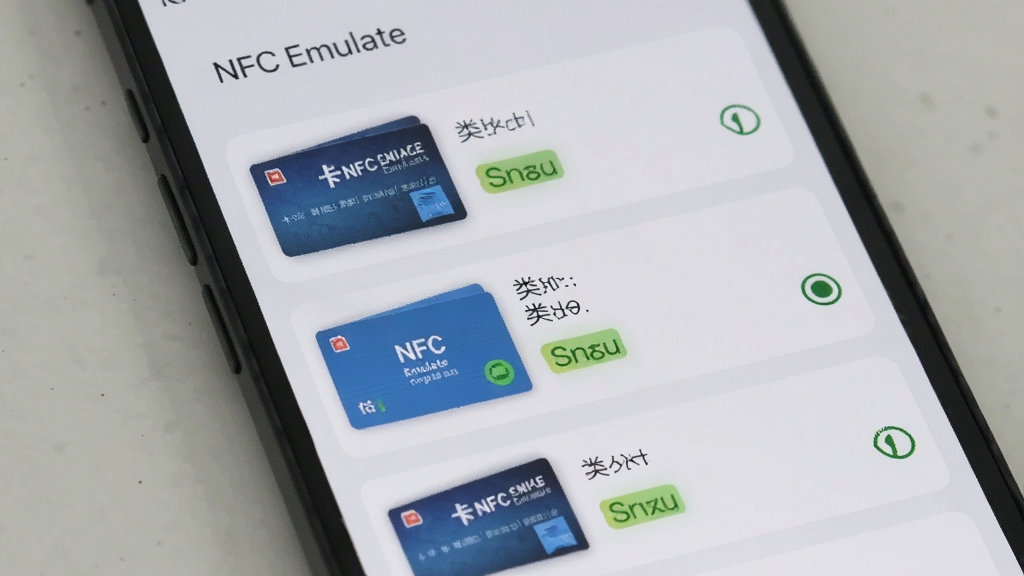 手机屏幕显示NFC Emulate的卡片数据管理列表,列表中包含多条卡片记录,每条记录带有卡片名称、类型标签和状态标识,界面采用卡片式布局,背景为浅灰色,风格清爽素雅,画质清晰,排版整齐干净