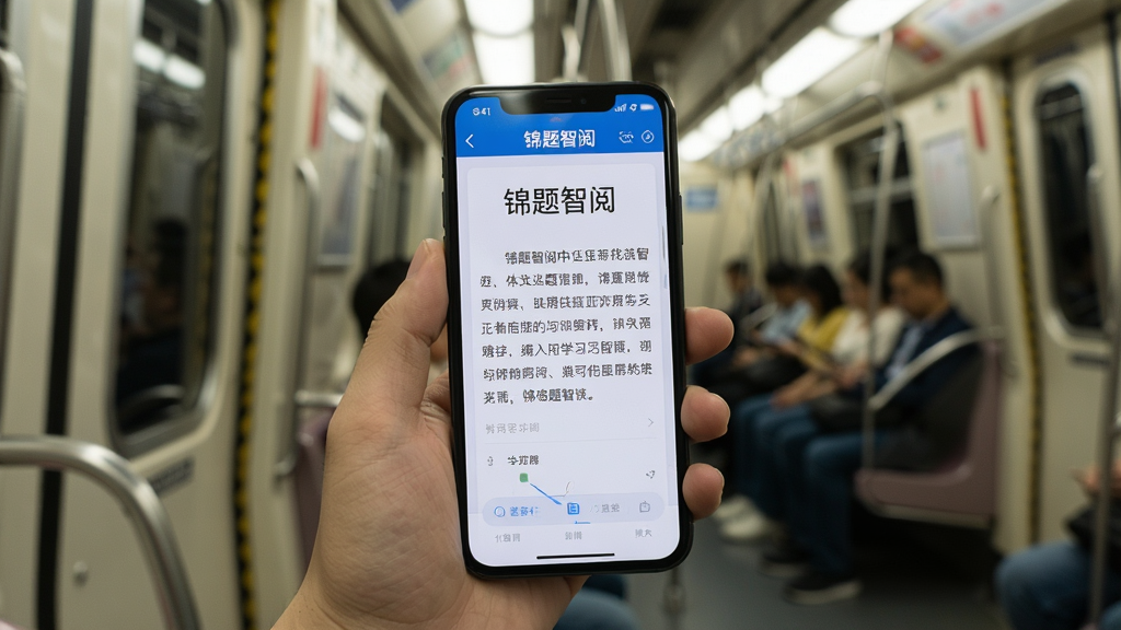 一张展示手机在无网络环境下使用学习应用的场景图,画面中一只手握着手机,屏幕显示“锦题智阅”的阅读界面,背景是地铁车厢内部,光线柔和,构图以手机屏幕为视觉中心,风格写实自然,细节清晰,画质干净,无多余元素
