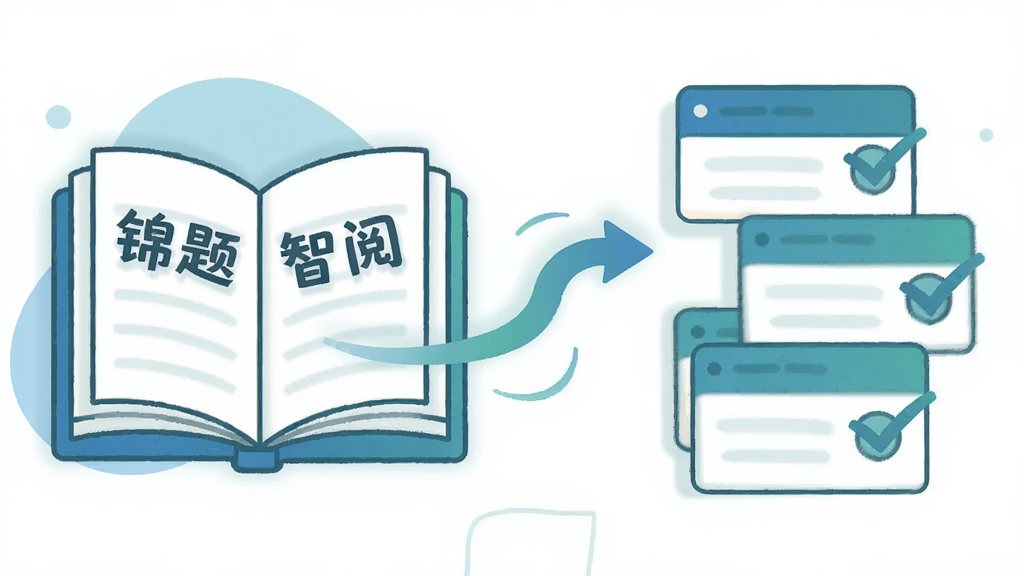 一幅表现阅读与答题联动的插画,画面左侧是一本翻开的书,书页上有“锦题智阅”字样,右侧是悬浮的答题卡片与勾选标记,中间用流畅的箭头连接,整体采用扁平化插画风格,配色以蓝绿为主,布局左右对称,细节简洁,画质干净清晰
