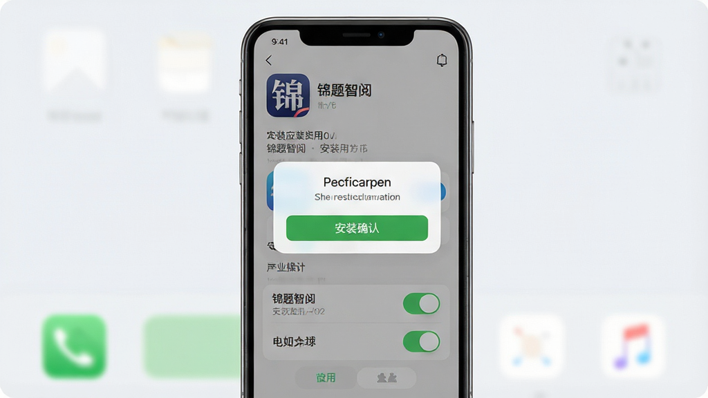 一张手机应用安装与权限设置的操作示意图,画面展示手机屏幕上的安装确认弹窗与权限开关界面,屏幕中可见“锦题智阅”应用图标,背景为简洁的浅色桌面,构图以手机屏幕为中心,风格清晰直观,细节干净,画质锐利,无多余元素
