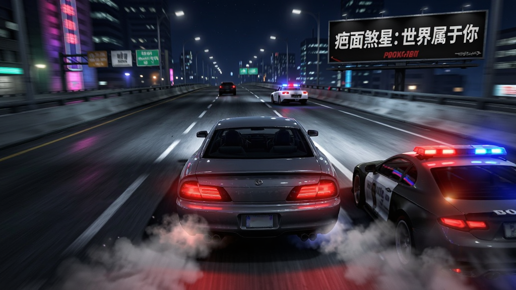 画面主体为两辆轿车在夜晚城市高架上高速追逐,布局采用后方追尾视角,排版前车占据画面中心、后车灯光与警灯在下方,风格为竞速游戏宣传图,细节包含轮胎烟雾、霓虹路灯与“疤面煞星:世界属于你”字样的广告牌,画质动感、干净、无多余元素
