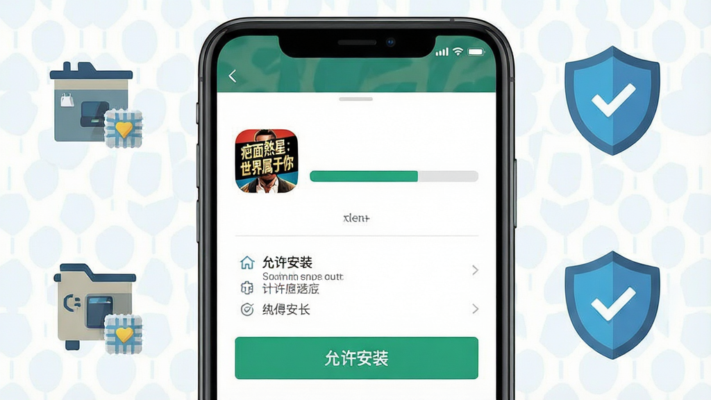 画面主体为一部智能手机屏幕显示游戏安装进度条与权限设置界面,布局采用手机正面特写居中,排版周围环绕存储空间图标与安全盾牌标识,风格为扁平化科技插画,细节包含“疤面煞星:世界属于你”字样的应用图标与“允许安装”按钮,画质清晰、干净、无多余元素