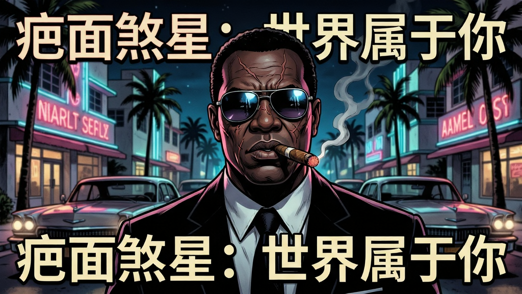 画面主体为一位身穿深色西装、面带疤痕的黑帮大佬站在霓虹闪烁的迈阿密街头,背景是复古轿车与棕榈树,布局采用人物居中、城市夜景环绕的构图,排版突出主体人物与标题文字,风格为写实美式漫画风,细节包含墨镜反光、雪茄烟雾、霓虹灯牌上的文字“疤面煞星:世界属于你”,画质高清、干净、无多余元素