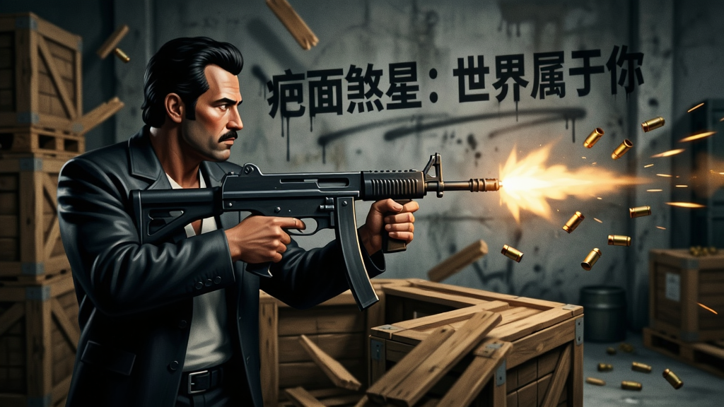 画面主体为一位黑帮角色手持冲锋枪在仓库掩体后射击,布局采用侧面中景构图,排版人物占据画面左侧、弹壳与火光在右侧飞溅,风格为动作电影海报风,细节包含飞散的木箱碎片、枪口火焰与“疤面煞星:世界属于你”字样的涂鸦墙面,画质锐利、干净、无多余元素