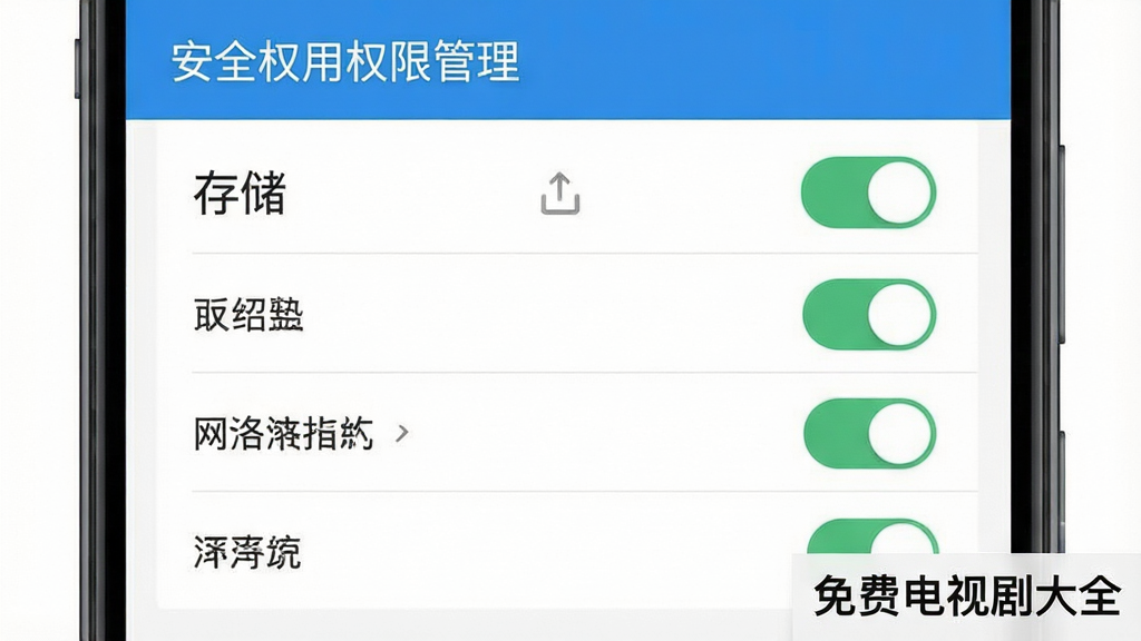 一张手机安全设置界面示意图,展示应用权限管理页面,包含存储、网络等权限开关,画面角落标注“免费电视剧大全”安装提示,风格简洁,布局清晰,细节丰富,高清画质,干净无多余元素