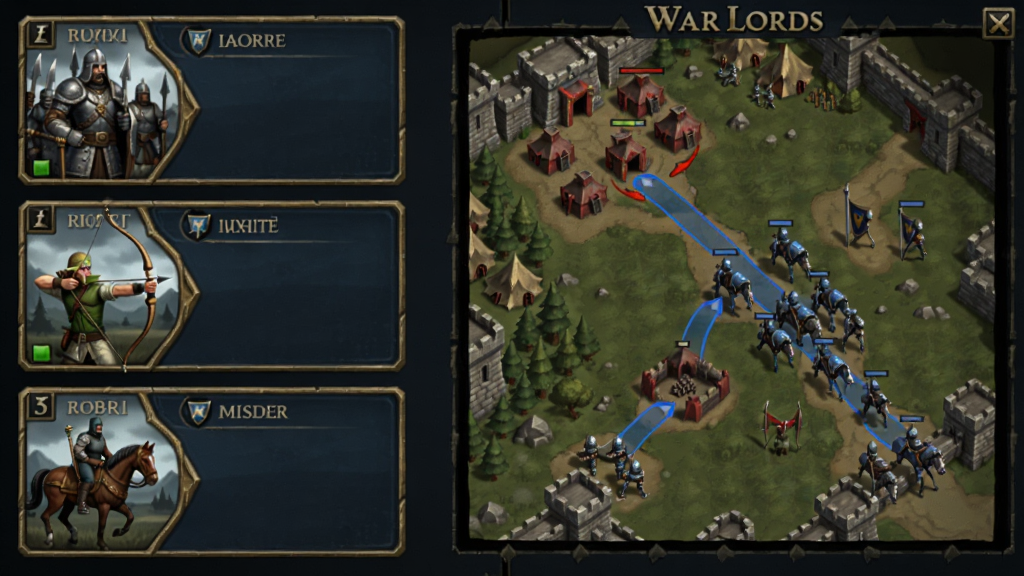 ����չʾWAR LORDS��Ϸ�еı��ֱ�ӽ��棬����ǲ��������֡����������ֿ�Ƭ�������У��Ҳ���ս������С��ͼ����ͼ�ϱ�ע�ź�ɫ�з�Ӫ�غ���ɫ���������н�·�ߣ���������Ӳ�ʣ���ɫ�������밵��Ϊ�����������������ֹ���