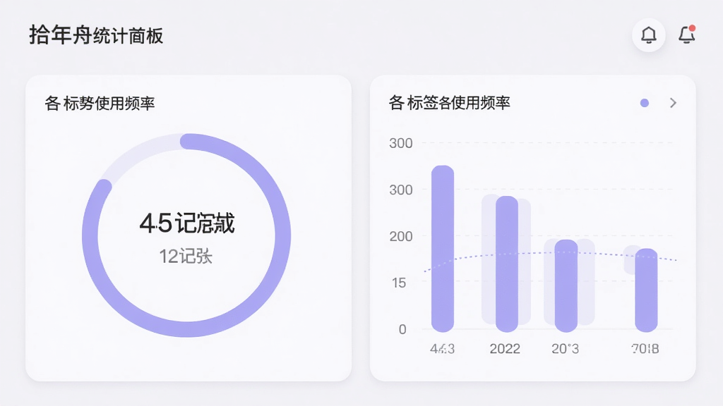拾年舟统计面板界面,圆形进度环展示本月记录完成度,旁边有柱状图显示各标签使用频率,整体采用柔和的浅紫色调,卡片式模块排列整齐,文字清晰,风格现代简洁,画质细腻,画面干净