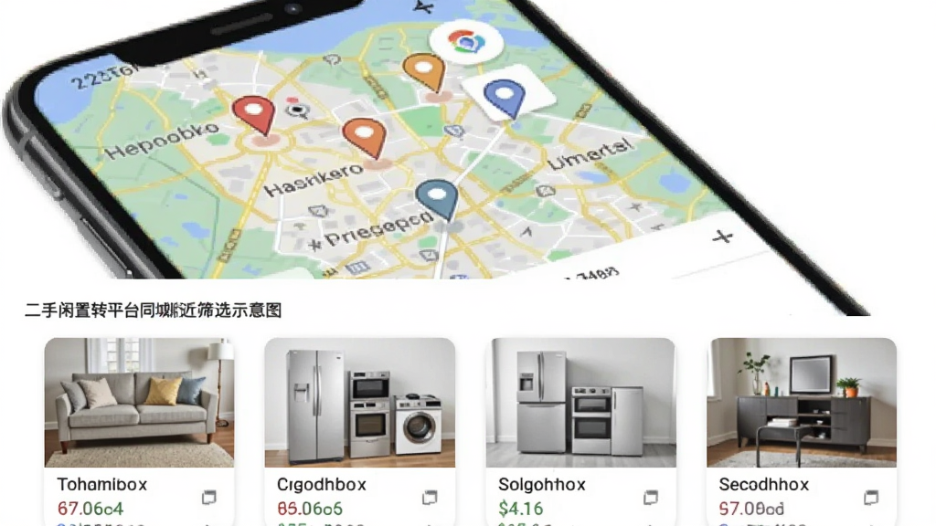 二手闲置转平台同城附近筛选功能示意图,画面展示手机地图界面与商品列表结合的布局,地图上有多个位置标记点,下方为按距离排序的闲置商品卡片,包含家具、家电等大件物品,整体风格清爽直观,细节丰富,画质清晰干净