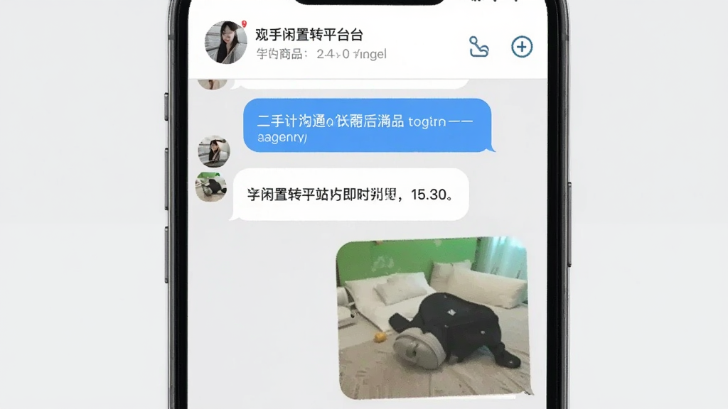 二手闲置转平台站内即时沟通界面展示图,画面为手机聊天窗口,对话气泡中包含文字与商品图片,顶部显示商品缩略信息,背景为浅灰色,布局简洁清晰,风格贴近真实聊天应用,细节到位,画质干净无杂乱元素