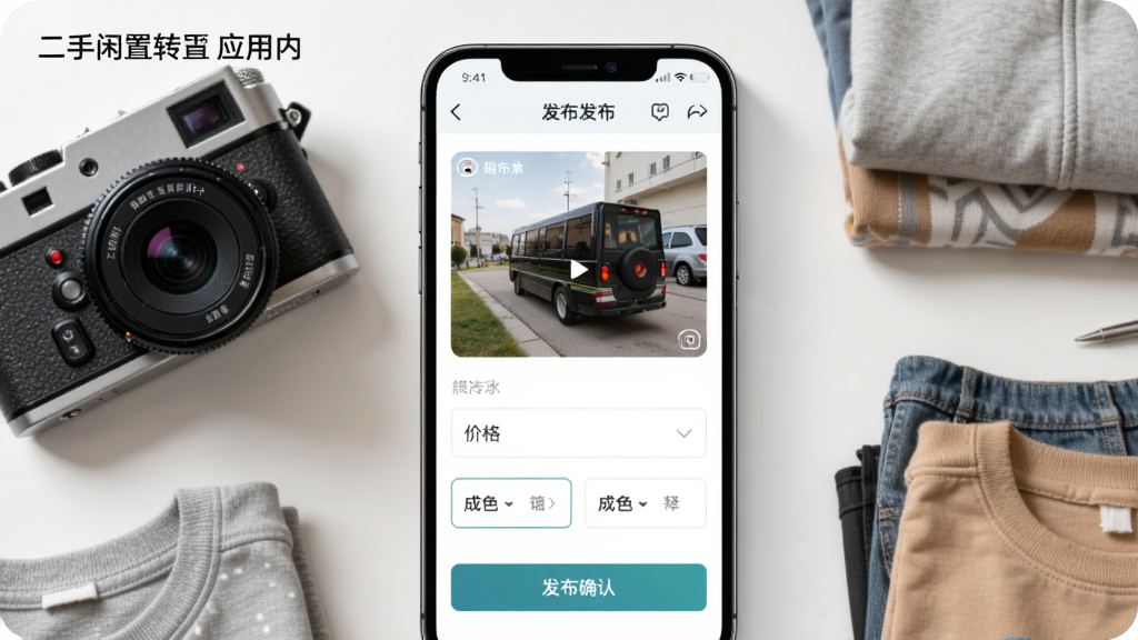 二手闲置转平台应用内一键发布闲置功能展示图,画面主体为手机屏幕上的发布页面,包含照片上传区域、价格输入框、成色选择按钮和发布确认按钮,手机旁边放置一台相机和几件闲置物品,布局为手机居中、物品环绕,风格现代简洁,细节清晰,画质干净明亮,图中可带有