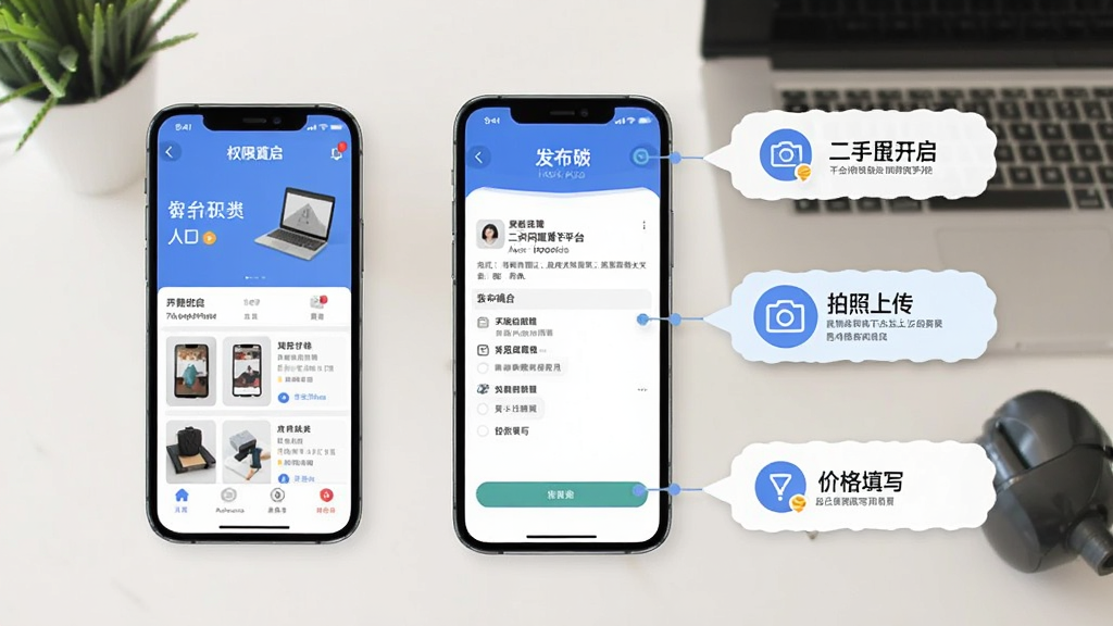 二手闲置转平台新手使用场景示意图,画面为一部手机显示应用首页与发布页面,旁边有提示气泡标注权限开启、拍照上传、价格填写等步骤,背景为简洁桌面,布局清晰有序,风格扁平化,细节丰富,画质干净明亮