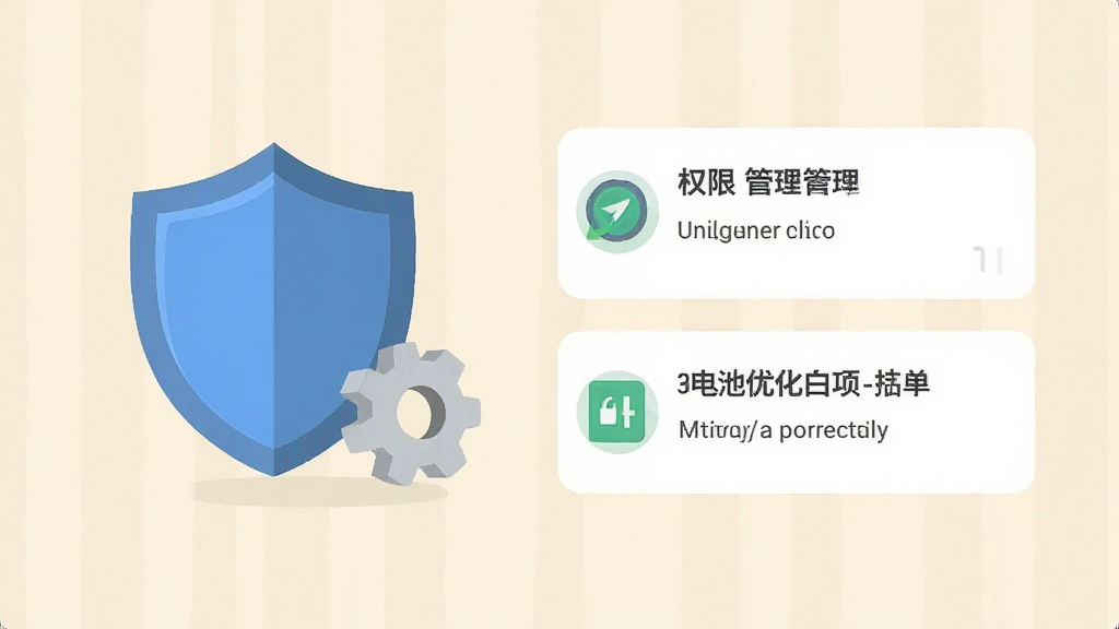 手机安全设置界面示意图,展示权限管理与电池优化白名单选项,盾牌图标与设置齿轮元素,浅色背景,扁平化插画风格,画面干净整洁,画质清晰