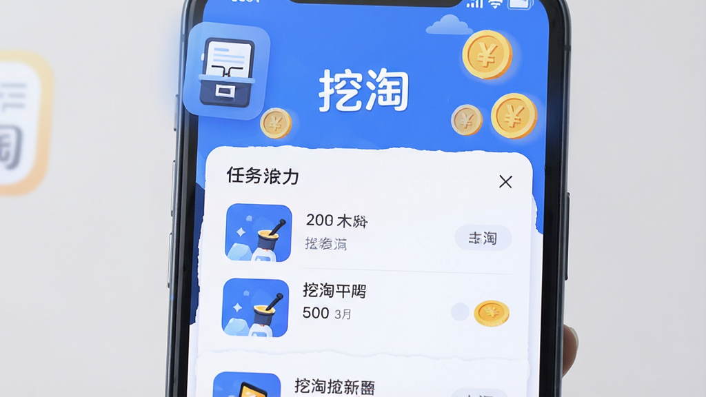 手机屏幕展示挖淘应用主界面,任务大厅列表清晰排列,蓝白色调简洁风格,顶部显示软件名称“挖淘”,周围环绕打字图标与金币元素,扁平化插画风格,细节精致,画质干净清晰,无多余装饰元素