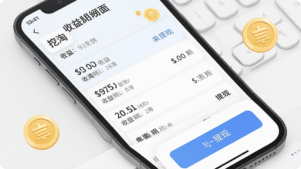 挖淘收益明细页面示意图,手机界面显示收益列表与提现按钮,金币图标点缀,浅色背景搭配蓝色强调色,界面干净整洁,扁平化UI风格,画质细腻无杂乱元素