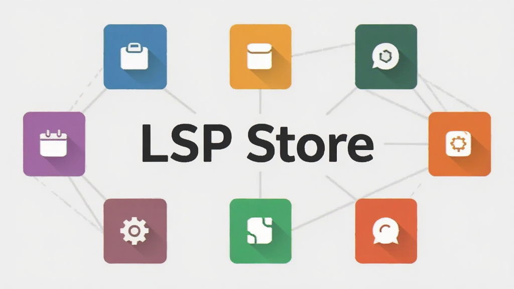 一张信息图表风格的图片,画面中央是“LSP Store”的文字标识,周围有多个彩色方块代表不同的功能模块,方块之间用细线连接形成网络状结构,背景为浅灰色,风格扁平化,画质清晰,干净无多余元素