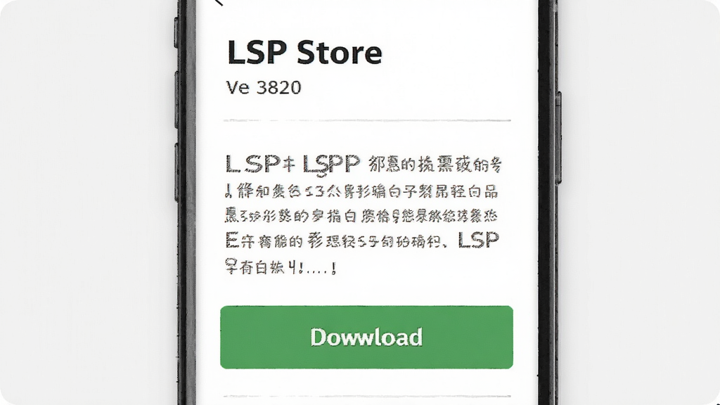 一张手机应用详情页的示意图,画面中“LSP Store”的模块详情界面,顶部显示模块名称和版本号,中部有功能描述文字,底部有一个醒目的绿色下载按钮,背景干净整洁,风格写实,画质清晰,无多余元素