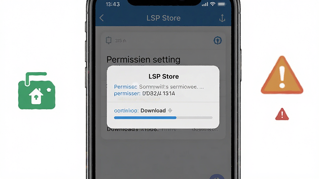 一张手机操作示意图,画面中“LSP Store”应用界面内显示权限设置弹窗和下载进度条,旁边有备份图标和警告标识,风格写实清晰,画质干净,无多余元素