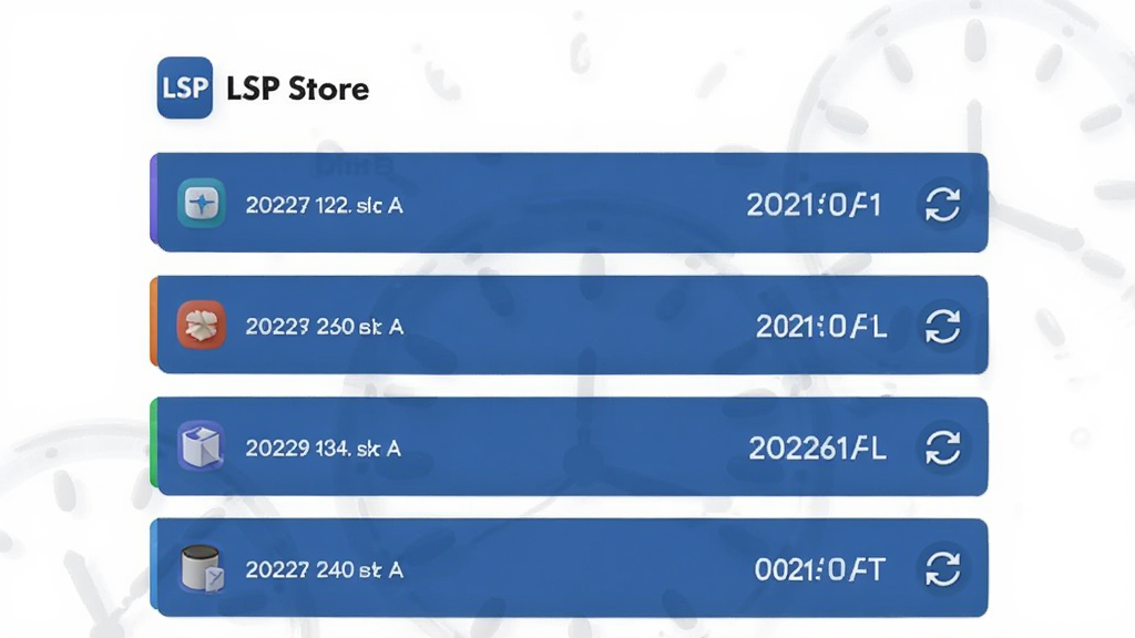 一张表现时间与更新概念的图片,画面中“LSP Store”应用界面内有一个模块列表,每个条目右侧带有日期标签和刷新图标,背景有淡淡的时钟水印元素,风格商务简洁,画质清晰,干净无多余元素