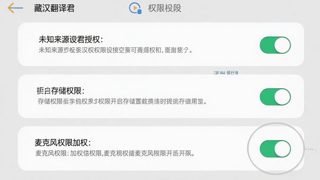 一张“藏汉翻译君”安装与权限设置引导图,画面为手机屏幕分步展示未知来源授权、存储权限开启、麦克风权限开启三个设置页面,页面以卡片形式纵向排列,背景为浅灰色系统设置风格,布局清晰分步,细节突出开关按钮与提示文字,画质干净整洁,无多余元素