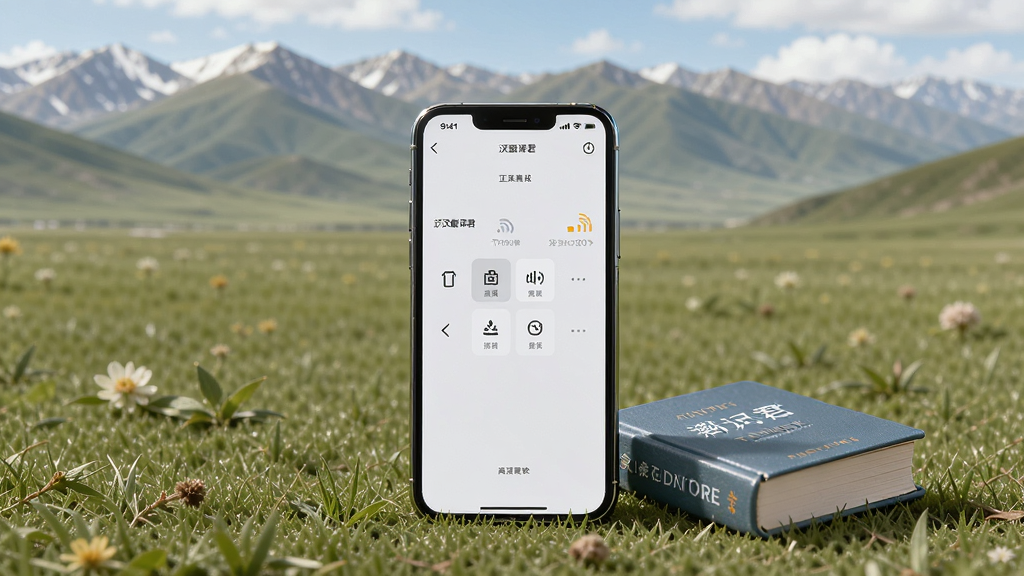 一张表现“藏汉翻译君”轻量便携特点的创意图,画面中手机置于草原与远山背景前,屏幕显示翻译界面并带有信号弱的小图标,手机旁放着一本小词典,布局以手机为视觉中心,风格自然开阔,细节强调小巧机身与离线使用意象,画质清晰干净,无多余元素
