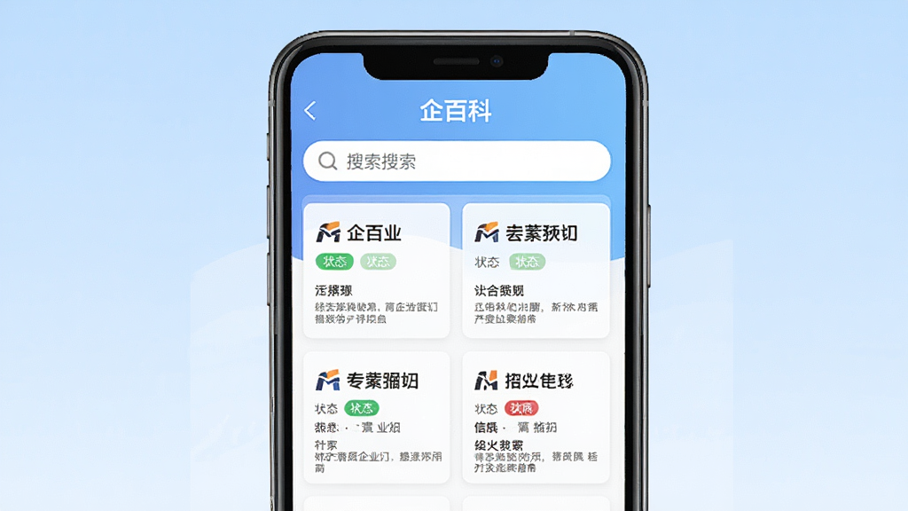 一张手机应用界面展示图,画面中央是一部竖屏智能手机,屏幕上显示“企百科”应用的企业搜索页面,顶部有搜索框,下方排列多家企业卡片,包含企业名称、状态标签和简要信息,背景为浅蓝渐变,整体风格简洁商务,扁平化设计,画质清晰,干净无多余元素