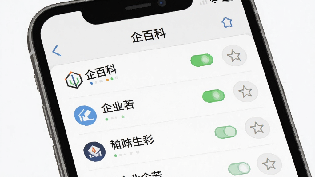 一张手机界面示意图,画面显示“企百科”应用的关注列表页面,列表中排列多家企业名称和关注状态图标,右侧有星标按钮,背景为浅灰色,风格清新简约,布局规整,画质清晰,干净无多余元素