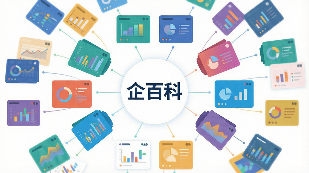 一张信息聚合示意图,画面中多个不同颜色的数据卡片从四周汇聚到中央的“企百科”标志上,卡片上带有图表和文字符号,背景为白色,风格科技感扁平化,布局对称,画质高清,干净无多余元素
