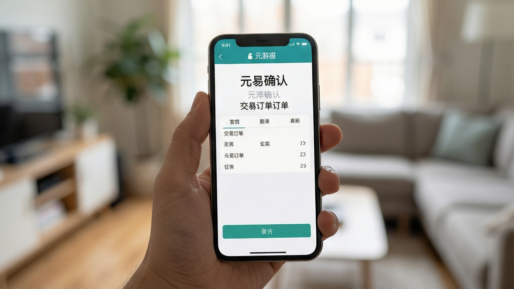 元游猫手机端操作场景展示,手持手机屏幕显示交易订单确认页面,背景为模糊的室内环境,画面聚焦手机界面细节,风格写实自然,光线柔和,画质高清,干净无多余元素