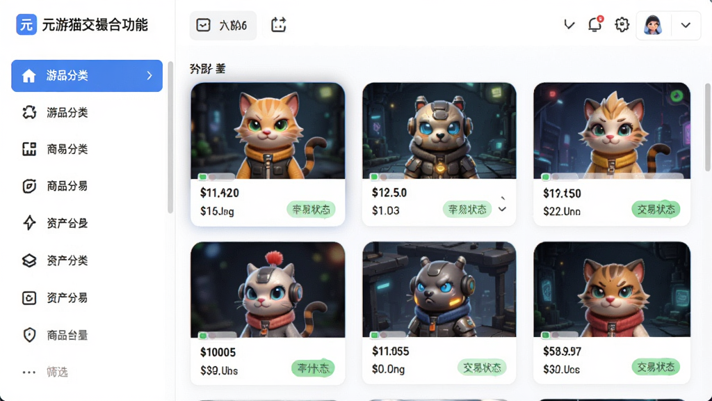 元游猫交易撮合功能界面,画面中展示商品列表与筛选栏,左侧为游戏分类导航,右侧为资产卡片瀑布流,卡片上标注价格与交易状态标签,整体布局为左右分栏结构,风格清爽明亮,细节精致,画质高清,干净无多余元素