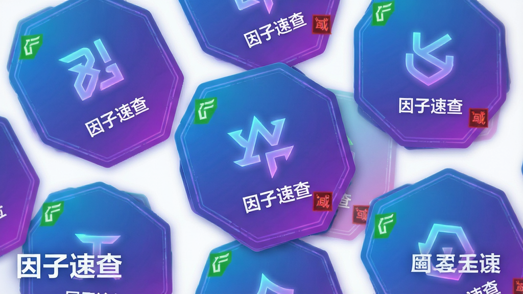 主体为若干张六边形因子卡片散落排列,每张卡片内有一个抽象符号与简短文字,布局为卡片错落分布占满画面,排版自由灵动,风格为轻科幻卡牌风,细节包括蓝紫渐变底色、发光符号、增益绿色标记与减益红色标记,画质清晰干净无多余元素,图片中文字标注“因子速查”