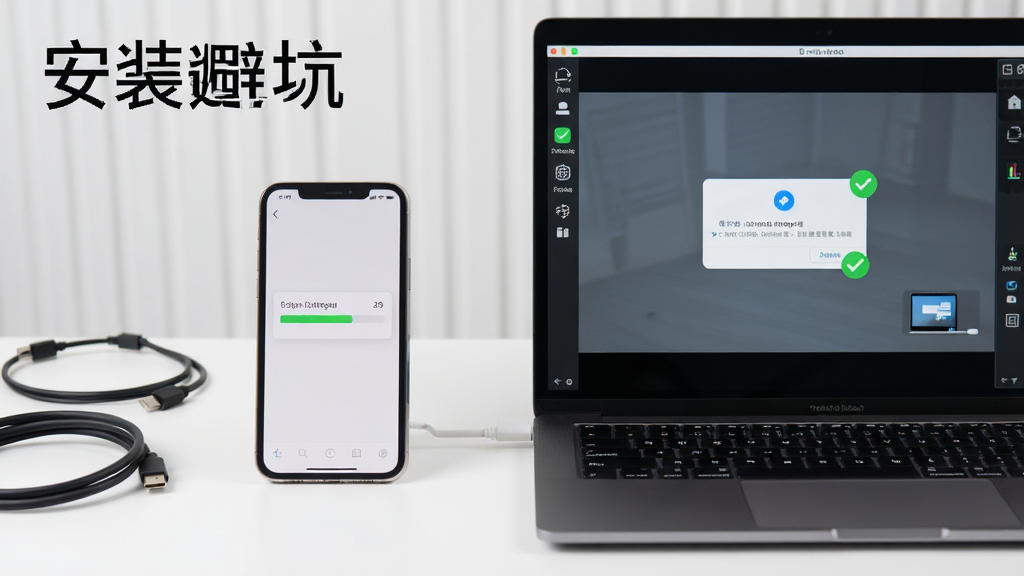 主体为一部手机与一台笔记本电脑并排摆放,手机屏幕显示安装进度条,电脑屏幕显示模拟器界面,布局为左右并列居中,排版对称平衡,风格为简洁数码产品展示风,细节包括桌面上的数据线、权限弹窗图标与绿色对勾标记,画质清晰干净无多余元素,图片中文字标注“安装避坑”