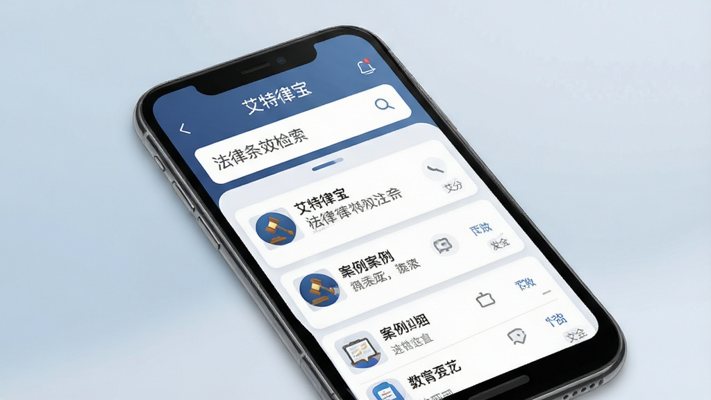 艾特律宝手机应用主界面展示,画面中央一部智能手机,屏幕内呈现法律条文检索框与案例列表布局,背景为浅蓝灰渐变,风格简洁商务,细节包含图标与卡片式排版,画质清晰干净,无多余元素