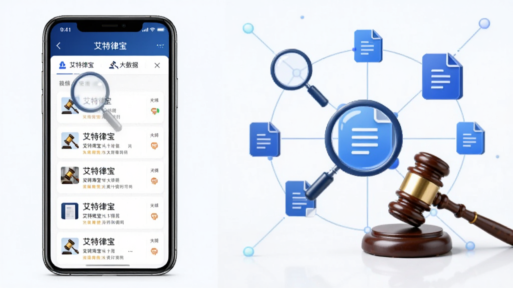 艾特律宝法律大数据检索功能展示,画面左侧为手机屏幕显示检索结果列表,右侧为抽象的数据节点与文档图标组合,布局左右分栏,风格科技商务,细节包含放大镜与法槌元素,画质清晰干净,无多余元素