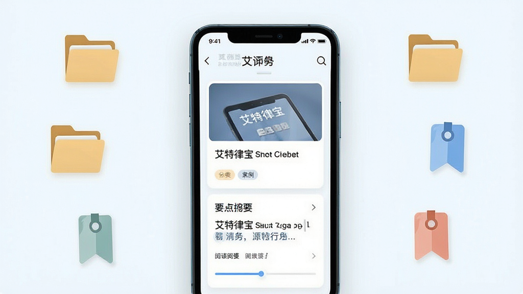 艾特律宝案例参考页面展示,画面中一部手机屏幕呈现案例卡片与要点摘要,周围环绕文件夹与书签图标,布局居中对称,风格清新浅色,细节包含分类标签与阅读进度条,画质清晰干净,无多余元素