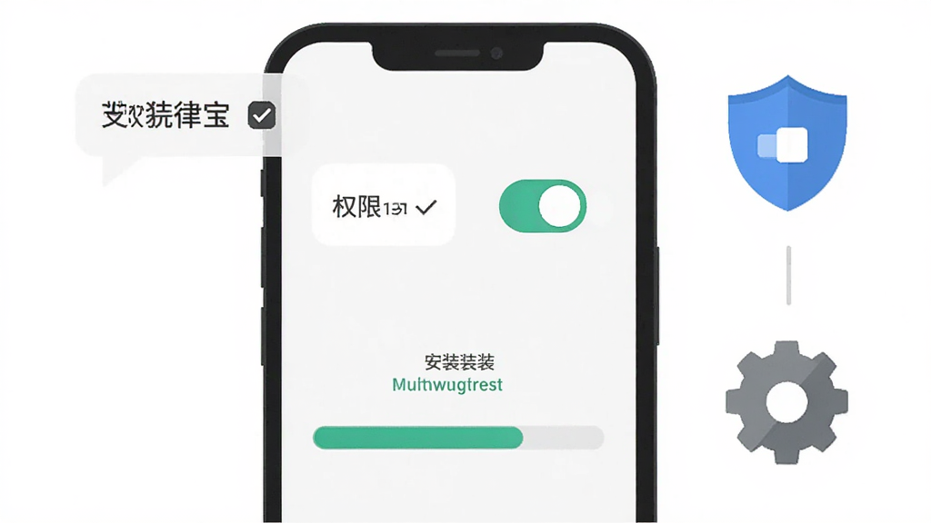 艾特律宝安装与权限设置示意画面,画面中手机屏幕显示权限开关与安装进度条,旁边配有小盾牌与齿轮图标,布局上下结构,风格简洁扁平,细节包含提示气泡与勾选标记,画质清晰干净,无多余元素