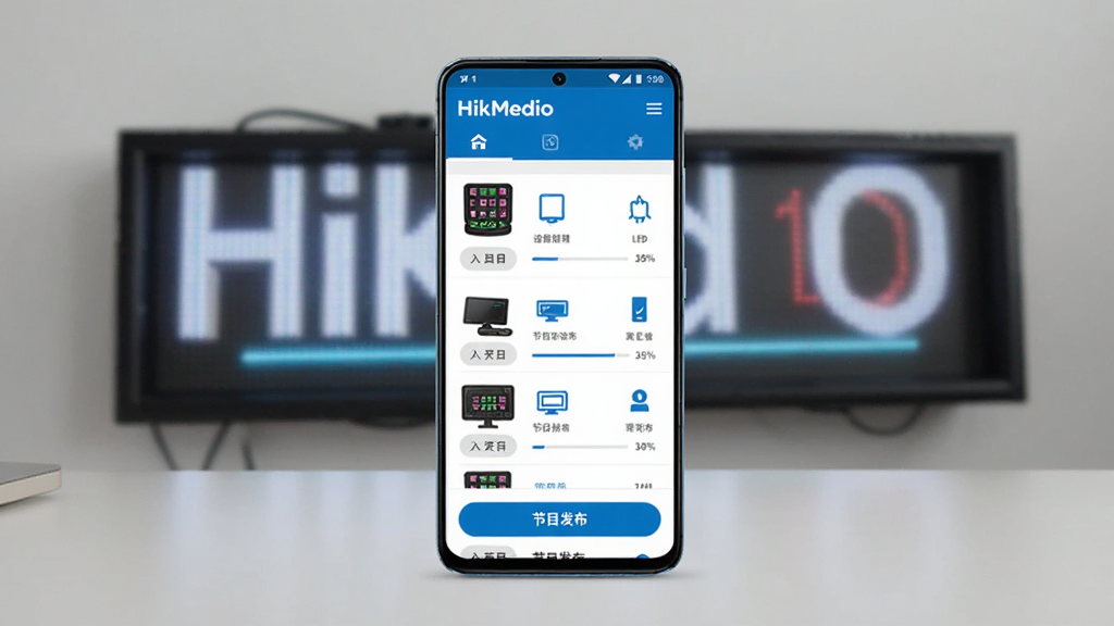 主体为一部安卓手机屏幕显示HikMedio软件界面,界面中有LED显示屏设备列表和节目发布按钮,布局为手机居中放置于浅色桌面,背景有模糊的LED门头屏虚影,排版简洁居中,风格为现代科技商务风,细节包含蓝色界面元素、设备图标和进度条,画质清晰干净无多余元素
