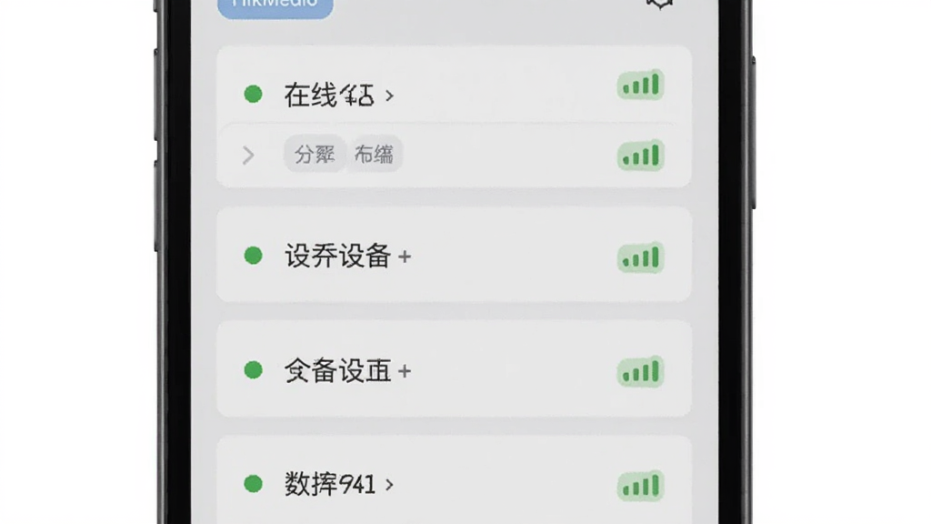 主体为手机屏幕展示HikMedio设备管理列表,布局为竖向卡片式设备条目,排版整齐列表结构,风格为简约商务浅灰风,细节包含在线状态圆点、设备名称、信号格图标和分组标签,画质清晰干净无多余元素