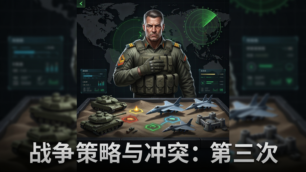 主体为一款军事策略手游的竖版宣传海报,画面中央是写实风格的现代军事指挥官站在作战沙盘前,沙盘上分布着坦克、战机和基地模型,背景为暗色调的全球地图与雷达网格,布局采用中心聚焦式排版,风格为写实军事游戏宣传风,细节包括肩章、战术手套、沙盘上的发光标记与数据面板,画质高清、画面干净、无多余元素,海报下方标注文字