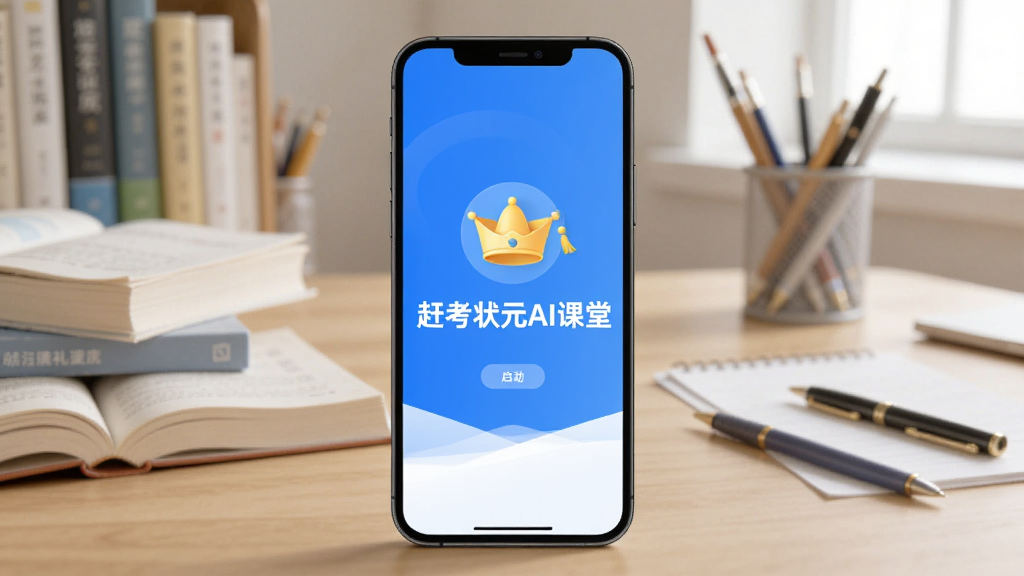 画面中央是一部智能手机,屏幕上显示“赶考状元AI课堂”的启动界面,界面以蓝白色调为主,上方有状元帽图标,背景是虚化的书房场景,书桌上整齐摆放着课本与文具,光线明亮柔和,整体风格清新简洁,画质清晰,干净,无多余元素
