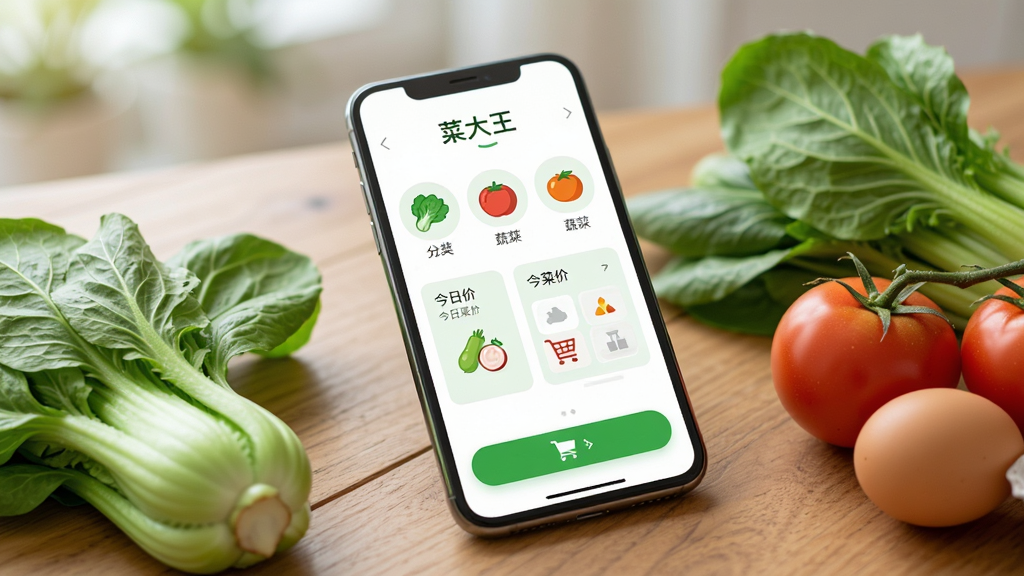 画面主体是一部智能手机屏幕中展示菜大王软件首页界面,界面里有蔬菜分类图标、今日菜价卡片与购物车按钮;手机斜放在木质桌面上,旁边摆放着新鲜青菜、番茄与鸡蛋;布局为居中构图,手机占画面主要位置,背景虚化;排版干净,顶部留白;风格为清新写实的产品展示风;细节包括屏幕反光自然、蔬菜叶脉清晰、桌面纹理可见;画质高清,光线柔和,画面干净无多余元素,屏幕中文字为“菜大王”