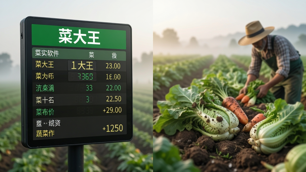 画面主体是一张生鲜价格看板与蔬菜产地的组合场景,左侧为电子价签显示菜大王软件中的菜价列表,右侧为田间采收蔬菜的远景;布局为左右分栏,左实右虚;排版整齐,信息层级分明;风格为商务信息图风;细节包括价签数字清晰、蔬菜带泥土质感、背景有晨雾;画质高清,色调自然,画面干净无多余元素,看板上文字为“菜大王”